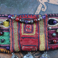 NEW! I am There Blessing Pouch Cuff with Antique Lambani Textile, Amethyst Point Drops, Multiple Beads & Prayer Card