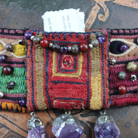 NEW! I am There Blessing Pouch Cuff with Antique Lambani Textile, Amethyst Point Drops, Multiple Beads & Prayer Card