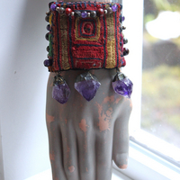 NEW! I am There Blessing Pouch Cuff with Antique Lambani Textile, Amethyst Point Drops, Multiple Beads & Prayer Card