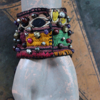 NEW! I am There Blessing Pouch Cuff with Antique Lambani Textile, Amethyst Point Drops, Multiple Beads & Prayer Card