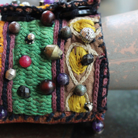 NEW! I am There Blessing Pouch Cuff with Antique Lambani Textile, Amethyst Point Drops, Multiple Beads & Prayer Card