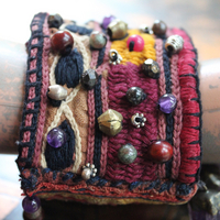 NEW! I am There Blessing Pouch Cuff with Antique Lambani Textile, Amethyst Point Drops, Multiple Beads & Prayer Card