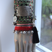 NEW! Love never Fails Cuff Bracelet with Antique Textile,Engraved Plaque,Sterling Moon,Silk Tassel, Shell Labryrinth, Silver Beads & More!