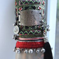 NEW! Love never Fails Cuff Bracelet with Antique Textile,Engraved Plaque,Sterling Moon,Silk Tassel, Shell Labryrinth, Silver Beads & More!