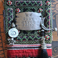 NEW! Love never Fails Cuff Bracelet with Antique Textile,Engraved Plaque,Sterling Moon,Silk Tassel, Shell Labryrinth, Silver Beads & More!