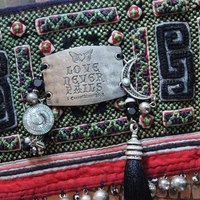 NEW! Love never Fails Cuff Bracelet with Antique Textile,Engraved Plaque,Sterling Moon,Silk Tassel, Shell Labryrinth, Silver Beads & More!