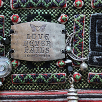 NEW! Love never Fails Cuff Bracelet with Antique Textile,Engraved Plaque,Sterling Moon,Silk Tassel, Shell Labryrinth, Silver Beads & More!