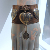 NEW! Vintage Ex Voto Cuff Bracelet with Flaming Sacred Heart Ex Voto Locket, Antique French Mother Mary Medal, 4 Ex Voto Hearts