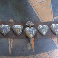 NEW! Vintage Ex Voto Cuff Bracelet with Flaming Sacred Heart Ex Voto Locket, Antique French Mother Mary Medal, 4 Ex Voto Hearts