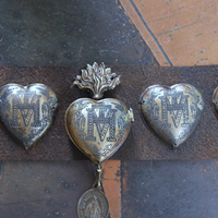 NEW! Vintage Ex Voto Cuff Bracelet with Flaming Sacred Heart Ex Voto Locket, Antique French Mother Mary Medal, 4 Ex Voto Hearts