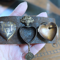 NEW! Vintage Ex Voto Cuff Bracelet with Flaming Sacred Heart Ex Voto Locket, Antique French Mother Mary Medal, 4 Ex Voto Hearts