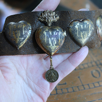 NEW! Vintage Ex Voto Cuff Bracelet with Flaming Sacred Heart Ex Voto Locket, Antique French Mother Mary Medal, 4 Ex Voto Hearts