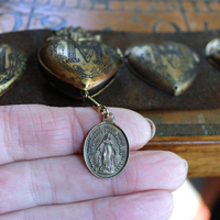NEW! Vintage Ex Voto Cuff Bracelet with Flaming Sacred Heart Ex Voto Locket, Antique French Mother Mary Medal, 4 Ex Voto Hearts