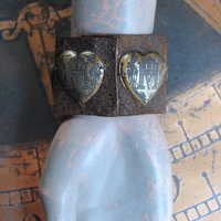 NEW! Vintage Ex Voto Cuff Bracelet with Flaming Sacred Heart Ex Voto Locket, Antique French Mother Mary Medal, 4 Ex Voto Hearts