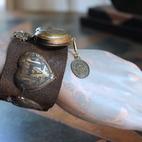 NEW! Vintage Ex Voto Cuff Bracelet with Flaming Sacred Heart Ex Voto Locket, Antique French Mother Mary Medal, 4 Ex Voto Hearts