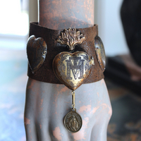 NEW! Vintage Ex Voto Cuff Bracelet with Flaming Sacred Heart Ex Voto Locket, Antique French Mother Mary Medal, 4 Ex Voto Hearts