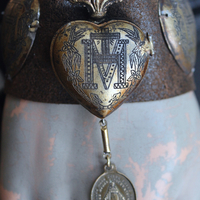 NEW! Vintage Ex Voto Cuff Bracelet with Flaming Sacred Heart Ex Voto Locket, Antique French Mother Mary Medal, 4 Ex Voto Hearts