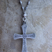 NEW! Rare Engraved Sterling Cross with Antique Sterling Sacred Heart Bead Rosary Chain