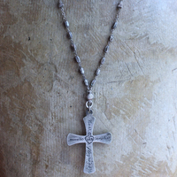 NEW! Rare Engraved Sterling Cross with Antique Sterling Sacred Heart Bead Rosary Chain