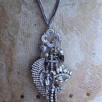 NEW! He will Cover you with His Wings Necklace with Sterling Angel,Rhinestone Wing,Eye of God Rhinestone Finding, Garnets, Antique Velvet Chain & More!