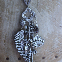 NEW! He will Cover you with His Wings Necklace with Sterling Angel,Rhinestone Wing,Eye of God Rhinestone Finding, Garnets, Antique Velvet Chain & More!