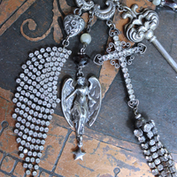 NEW! He will Cover you with His Wings Necklace with Sterling Angel,Rhinestone Wing,Eye of God Rhinestone Finding, Garnets, Antique Velvet Chain & More!