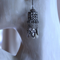 NEW! Asymmetrical Earrings with Small Antique French Medals,Sterling Cross,Antique Rhinestone Finding & Sterling Earring Wires