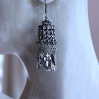 NEW! Asymmetrical Earrings with Small Antique French Medals,Sterling Cross,Antique Rhinestone Finding & Sterling Earring Wires