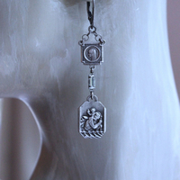 NEW! Asymmetrical Earrings with Small Antique French Medals,Sterling Cross,Antique Rhinestone Finding & Sterling Earring Wires