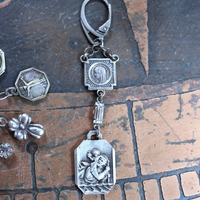 NEW! Asymmetrical Earrings with Small Antique French Medals,Sterling Cross,Antique Rhinestone Finding & Sterling Earring Wires