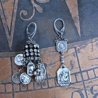 NEW! Asymmetrical Earrings with Small Antique French Medals,Sterling Cross,Antique Rhinestone Finding & Sterling Earring Wires