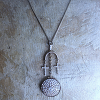 NEW! You are Here Necklace with Quality Vintage Prong Set Rhinestone Locket,Antique Foxtail Chain,2 Vintage Prong Set Rhinestone Crosses