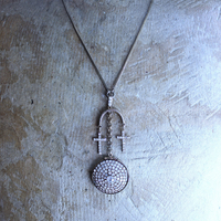 NEW! You are Here Necklace with Quality Vintage Prong Set Rhinestone Locket,Antique Foxtail Chain,2 Vintage Prong Set Rhinestone Crosses