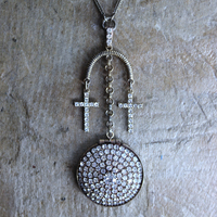 NEW! You are Here Necklace with Quality Vintage Prong Set Rhinestone Locket,Antique Foxtail Chain,2 Vintage Prong Set Rhinestone Crosses