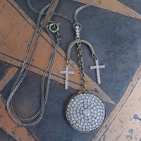 NEW! You are Here Necklace with Quality Vintage Prong Set Rhinestone Locket,Antique Foxtail Chain,2 Vintage Prong Set Rhinestone Crosses