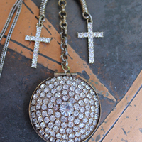 NEW! You are Here Necklace with Quality Vintage Prong Set Rhinestone Locket,Antique Foxtail Chain,2 Vintage Prong Set Rhinestone Crosses