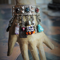 SOLD to M  Meditation & Fulfillment Gypsy Cuff Bracelet w/Sterling Engraved Tarot Medals,Beaded Banjara Tassels,Polished Garnet,Silver Capped Quartz Point & Much More!