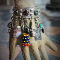 SOLD to M  Meditation & Fulfillment Gypsy Cuff Bracelet w/Sterling Engraved Tarot Medals,Beaded Banjara Tassels,Polished Garnet,Silver Capped Quartz Point & Much More!
