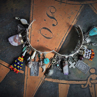 SOLD to M  Meditation & Fulfillment Gypsy Cuff Bracelet w/Sterling Engraved Tarot Medals,Beaded Banjara Tassels,Polished Garnet,Silver Capped Quartz Point & Much More!