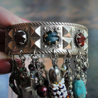 SOLD to M  Meditation & Fulfillment Gypsy Cuff Bracelet w/Sterling Engraved Tarot Medals,Beaded Banjara Tassels,Polished Garnet,Silver Capped Quartz Point & Much More!