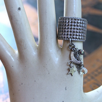 NEW! Unique Wide Band Ring with Crescent Moon, Star, Faceted Rock Crystal Tear Drop,Tiny Chain Tassel & Faceted Crystal Bead