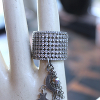 NEW! Unique Wide Band Ring with Crescent Moon, Star, Faceted Rock Crystal Tear Drop,Tiny Chain Tassel & Faceted Crystal Bead