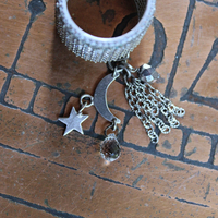 NEW! Unique Wide Band Ring with Crescent Moon, Star, Faceted Rock Crystal Tear Drop,Tiny Chain Tassel & Faceted Crystal Bead