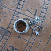 NEW! Unique Wide Band Ring with Crescent Moon, Star, Faceted Rock Crystal Tear Drop,Tiny Chain Tassel & Faceted Crystal Bead
