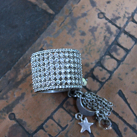 NEW! Unique Wide Band Ring with Crescent Moon, Star, Faceted Rock Crystal Tear Drop,Tiny Chain Tassel & Faceted Crystal Bead