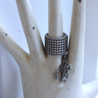 NEW! Unique Wide Band Ring with Crescent Moon, Star, Faceted Rock Crystal Tear Drop,Tiny Chain Tassel & Faceted Crystal Bead