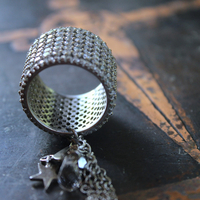 NEW! Unique Wide Band Ring with Crescent Moon, Star, Faceted Rock Crystal Tear Drop,Tiny Chain Tassel & Faceted Crystal Bead