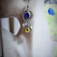 Gypsy Soul Earrings w/Antique Gypsy Findings,Beaded Banjara Flowers,Antique Paste Crescent Moon & Star Finding,Faceted Amethyst & More!