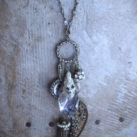 NEW! Stardust Soul Necklace w/Unique Capped Faceted Crystal,Antique Cut Steel & Gold Angel Wing,Antique Cut Steel Moon & Star Drop & More!
