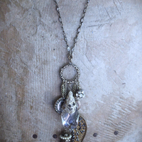 NEW! Stardust Soul Necklace w/Unique Capped Faceted Crystal,Antique Cut Steel & Gold Angel Wing,Antique Cut Steel Moon & Star Drop & More!